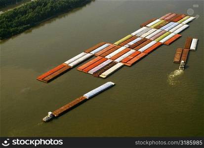 Aerial view of grain barges on the river, Mississippi River, New Orleans, Louisiana, USA