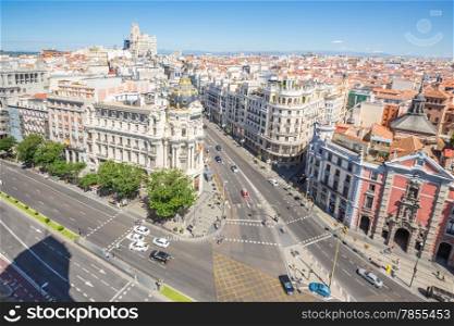 aerial view of Gran Via, main shopping street in Madrid, capital of Spain, Europe.