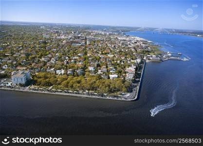 Aerial view of harbor and buildings in Charleston, South Carolina.