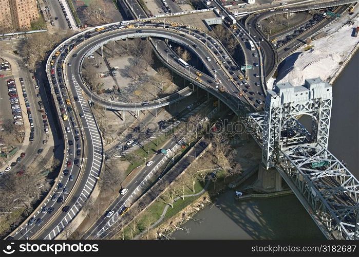 Aerial view of Harlem River Lift section of Triborough bridge in New York City.