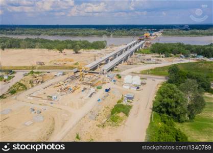 Aerial view of highway bridge under construction. Poland Warsaw. S2 road
