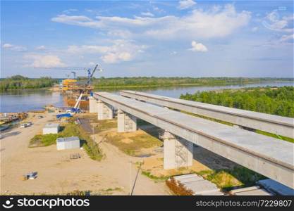 Aerial view of highway bridge under construction. Poland Warsaw, Wilanow. S2 road