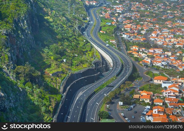 Aerial view of highway. Mochico, Madeira island, Portugal