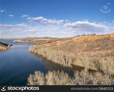 aerial view of Horsetooth Reservoir near Fort Collins Colorado, in early spring with high water level