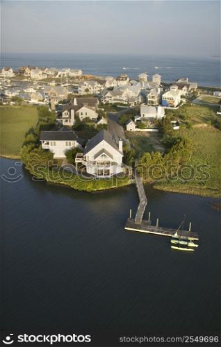 Aerial view of houses and ocean at Bald Head Island, North Carolina.