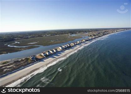 Aerial view of houses in row on beachfront of Pawleys Island, South Carolina.