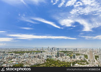 Aerial view of houses, parks, skyscrapers and office buildings in Tokyo City, Japan, Asia