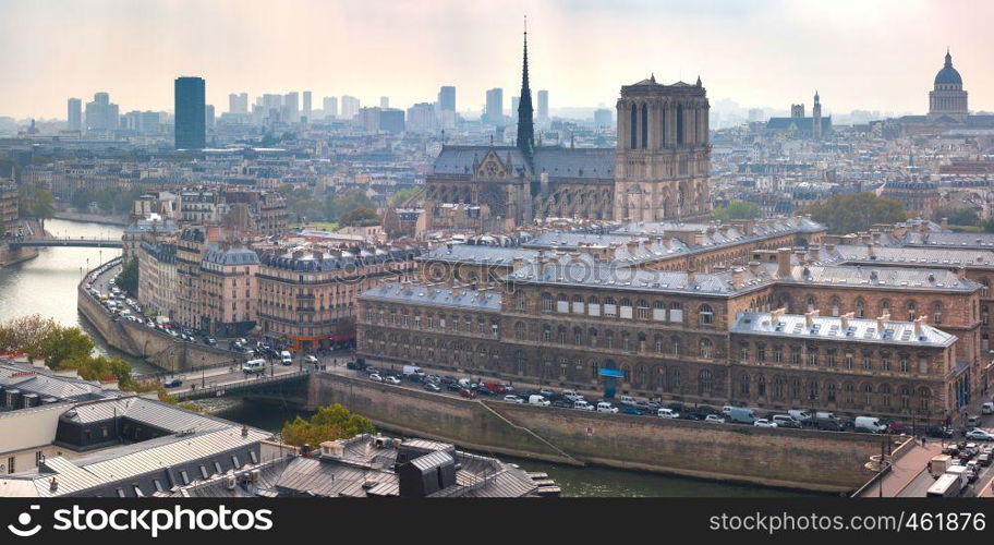 Aerial view of Ile de la Cite and Cathedral of Notre Dame on a cloudy day, France. Aerial view of Paris, France