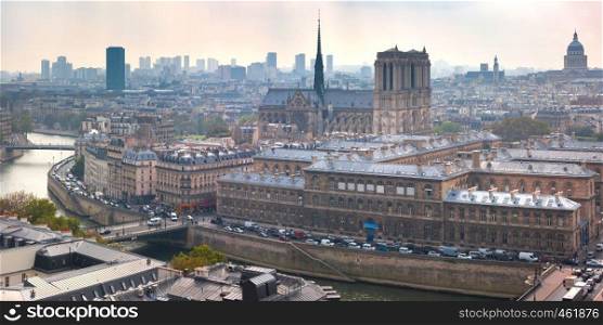 Aerial view of Ile de la Cite and Cathedral of Notre Dame on a cloudy day, France. Aerial view of Paris, France