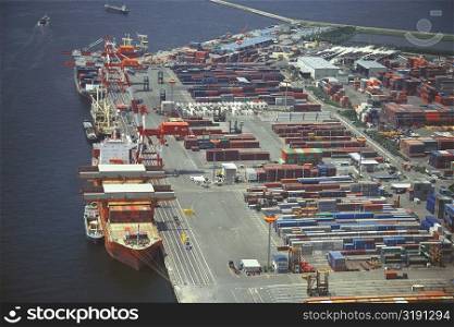 Aerial view of industrial ships at a commercial dock, Nanko Port Town Line, Osaka prefecture, Japan