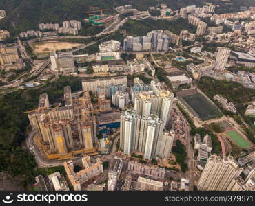 Aerial view of intersections or junctions in Sham Shui Po, Shek Kip Mei, Hong Kong Downtown. Financial district and business centers in smart city, technology concept. Top view of buildings.