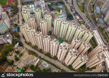 Aerial view of intersections or junctions in Sham Shui Po, Shek Kip Mei, Hong Kong Downtown. Financial district and business centers in smart city, technology concept. Top view of buildings.