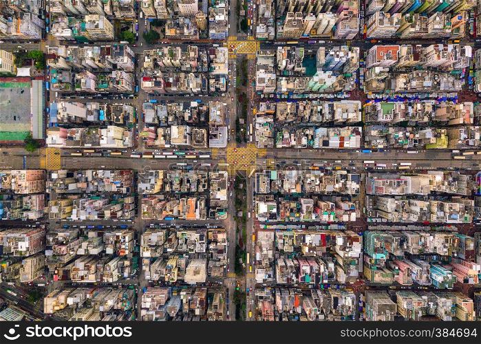 Aerial view of intersections or junctions in Sham Shui Po, Shek Kip Mei, Hong Kong Downtown. Financial district and business centers in smart city, technology concept. Top view of buildings.