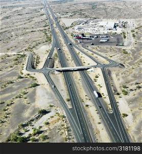 Aerial view of interstate 10 in southwest desert landscape of Arizona.
