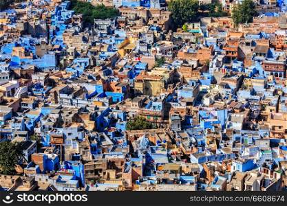 Aerial view of Jodhpur, also known as Blue City due to the vivid blue-painted Brahmin houses around Mehrangarh Fort. Jodphur, Rajasthan. Jodhpur the Blue city, Rajasthan, India