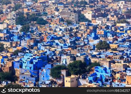 Aerial view of Jodhpur, also known as Blue City due to the vivid blue-painted Brahmin houses around Mehrangarh Fort. Jodphur, Rajasthan, India. Aerial view of Jodhpur Blue City. Jodphur, Rajasthan, India