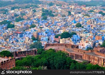 Aerial view of Jodhpur, also known as Blue City due to the vivid blue-painted Brahmin houses around Mehrangarh Fort. Jodphur, Rajasthan, India. Tilt shift miniature toy effect. Aerial view of Jodhpur Blue City. Jodphur, Rajasthan, India