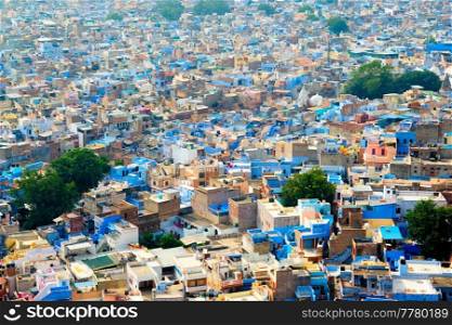 Aerial view of Jodhpur, also known as Blue City due to the vivid blue-painted Brahmin houses around Mehrangarh Fort. Jodphur, Rajasthan, India. Aerial view of Jodhpur Blue City. Jodphur, Rajasthan, India