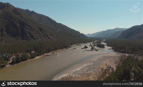 Aerial view of Katun river, in Altai mountains, cinematic drone footage. Aerial view of Katun river