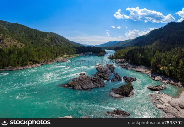 Aerial view of Katun river, in summer morning in Altai mountains, drone shot. Aerial view of Katun river