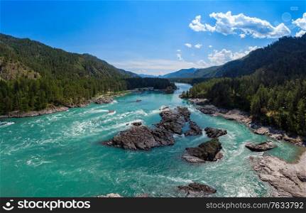 Aerial view of Katun river, in summer morning in Altai mountains, drone shot. Aerial view of Katun river