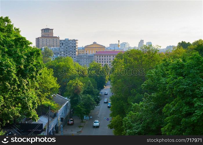 Aerial view of Kiev city center architecture and road