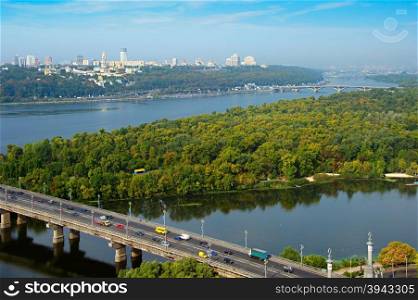 Aerial view of Kiev with Dnipro river and Kiev Pechersk Lavra on the top of the hill. Ukraine