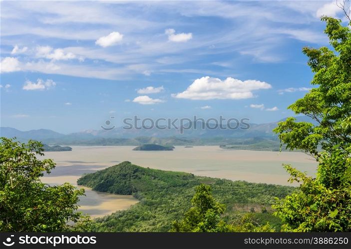 Aerial view of Kraburi river with mountain in Ranong, Thailand