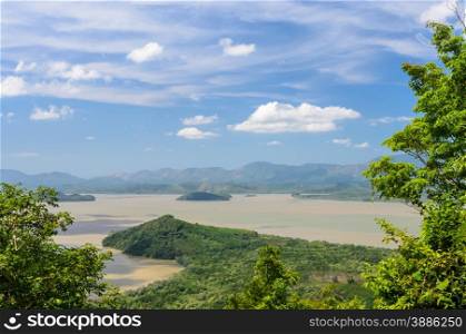Aerial view of Kraburi river with mountain in Ranong, Thailand