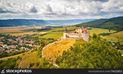 Aerial view of Krasna Horka castle in summer. Palace in Middle Europe, Unesco Wold Heritage, Slovakia