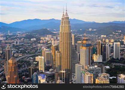 Aerial view of Kuala Lumpur Downtown at sunset. Malaysia