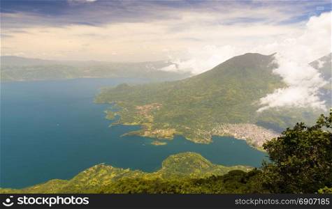 Aerial view of Lake Atitlan from the summit of volcano San Pedro, Guatemala, Central America