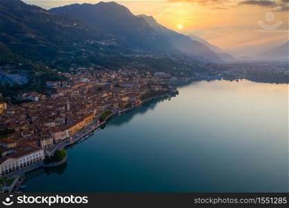 Aerial view of Lake Iseo at sunrise, on the left the city of lovere which runs along the lake,Bergamo Italy.