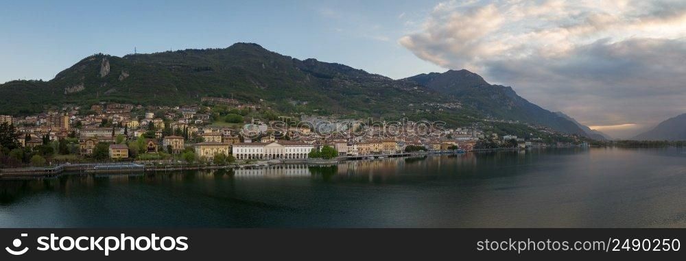 Aerial view of Lake Iseo at sunrise,panorama of all the city of lovere which runs along the lake,Bergamo Italy.