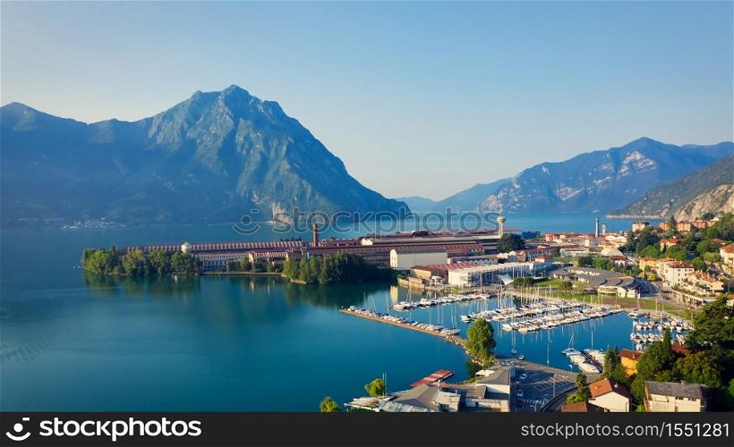 Aerial view of Lake Iseo , on the right the port of lovere,background mountains(alps), Bergamo Italy.