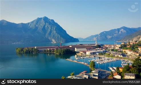 Aerial view of Lake Iseo , on the right the port of lovere,background mountains(alps), Bergamo Italy.