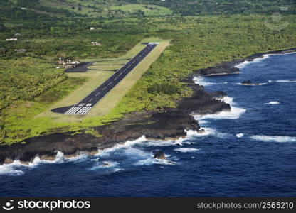 Aerial view of landing airstrip on coast of Maui, Hawaii.