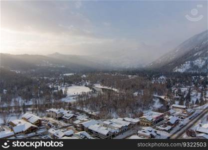 Aerial view of Leavenworth, Washington at sunrise in December. Leavenworth, Washington at sunrise