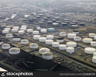 Aerial view of liquid storage tanks in Los Angeles California oil refinery.