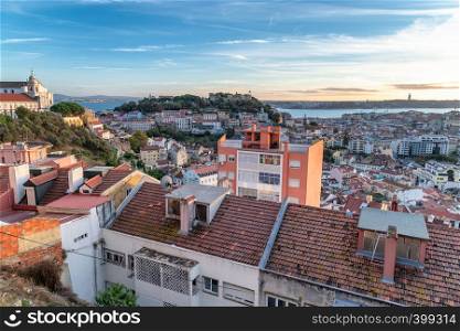 Aerial view of Lisbon skyline on a sunny day, Portugal.
