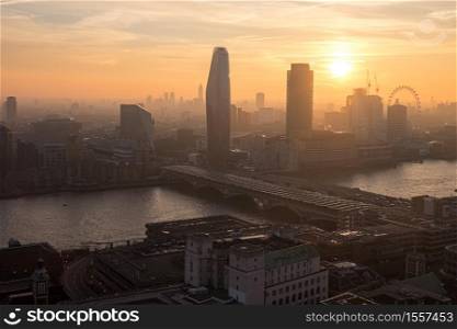Aerial view of London at the sunset from St.Paul Cathedral, United Kingdom