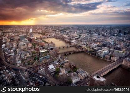 Aerial view of London skyline at sunset, United Kingdom .. Aerial view of London skyline at sunset, United Kingdom.