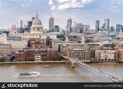 Aerial view of London St Paul&rsquo;s Cathedral with London Millennium Bridge in London England UK