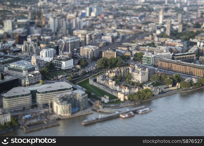 Aerial view of London with with tilt shift effect filter