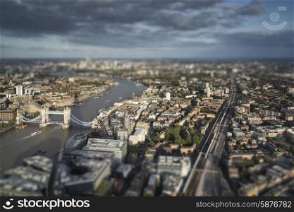 Aerial view of London with with tilt shift effect filter