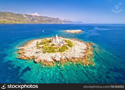 Aerial view of lonely island with lighthouse, Korcula riviera of Croatia, island Vela Sestrica 