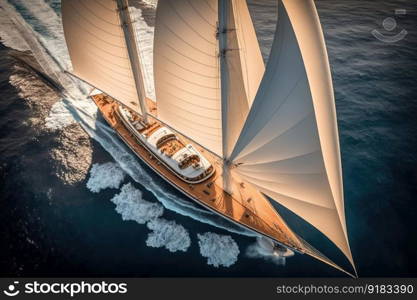 aerial view of luxury yacht in full sail on the open seas, created with generative ai. aerial view of luxury yacht in full sail on the open seas