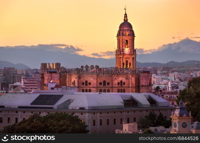 Aerial View of Malaga Cathedral in the Evening, Malaga, Andalusia, Spain