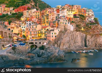 Aerial view of Manarola fishing village in Five lands, Cinque Terre National Park in the evening, Liguria, Italy.