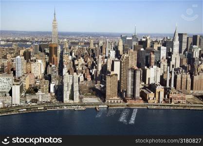 Aerial view of Manhattan and East River in New York City.